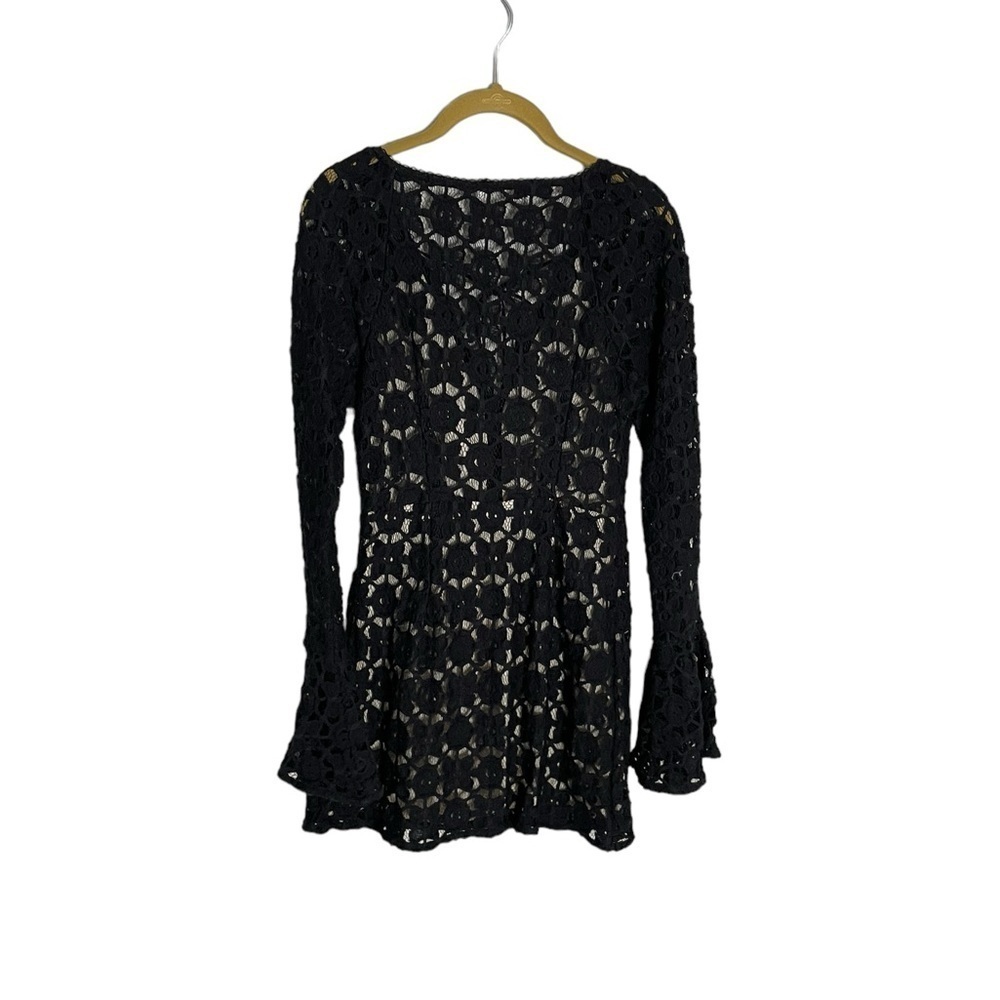 Free People Boho Black Nude Lace Back to Black Mini Dress Flare Sleeve 2
